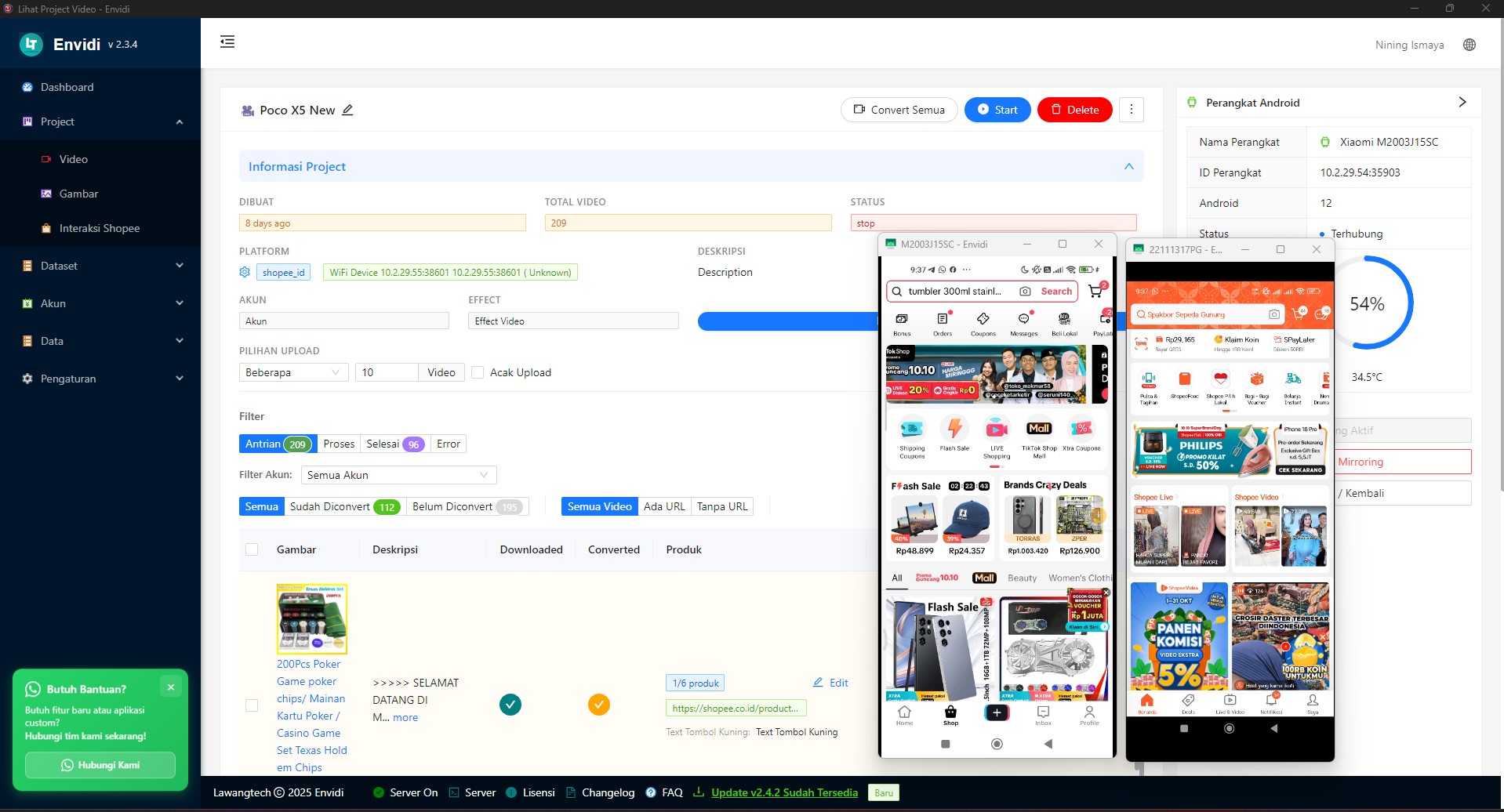 Tampilan Asli Aplikasi Envidi Desktop - Otomatisasi Video Shopee & TikTok via Wireless Android
